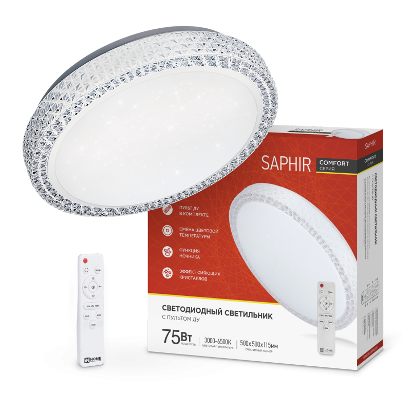 Светильник светодиодный COMFORT SAPHIR 75Вт 230В 3000-6500K 6000Лм 500x115мм с пультом ДУ IN HOME Светильник светодиодный COMFORT SAPHIR 75Вт 230В 3000-6500K 6000Лм 500x115мм с пультом ДУ IN HOME